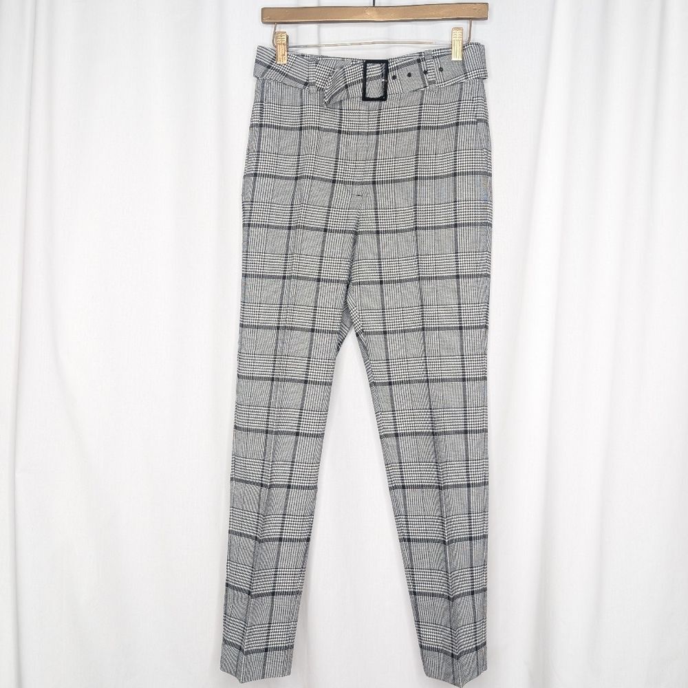 Babaton Walker Check Pants Belted High Rise Trouser Houndstooth Black White